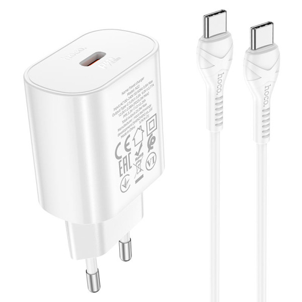 Сетевое зарядное устройство с кабелем HOCO N22 Jetta PD25W charger set(Type-C to Type-C)(EU) White