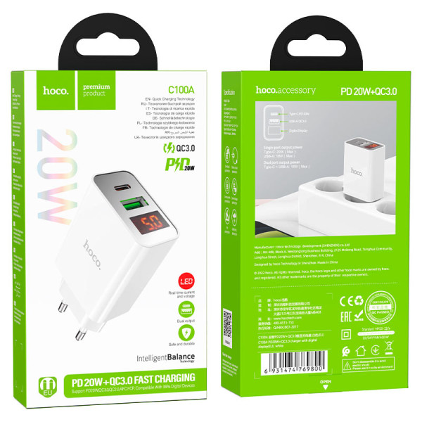 Сетевое зарядное устройство HOCO C100A PD20W+QC3.0 charger with digital display White