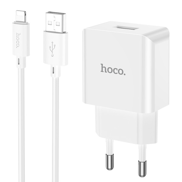 Сетевое зарядное устройство с кабелем HOCO C106A Leisure single port charger set(iP) 10.5W White