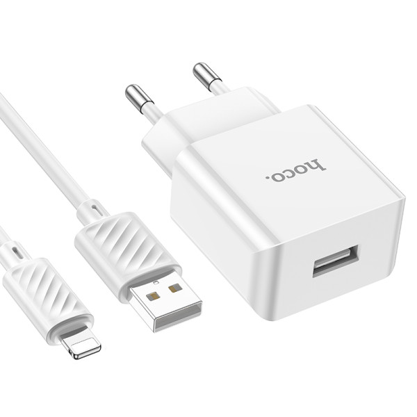 Сетевое зарядное устройство с кабелем HOCO C106A Leisure single port charger set(iP) 10.5W White