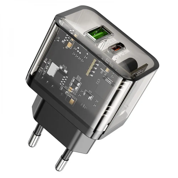 Сетевое зарядное устройство HOCO N34 Dazzling dual-port PD20W+QC3.0 charger Transparent Black
