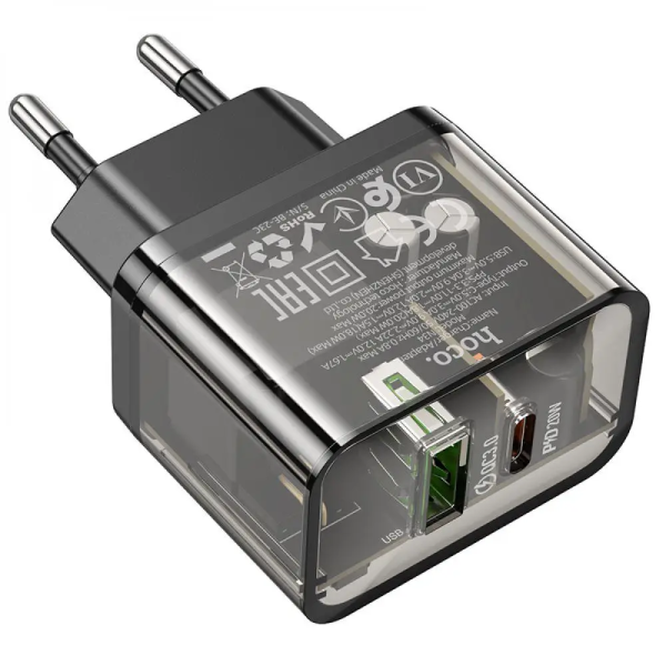 Сетевое зарядное устройство HOCO N34 Dazzling dual-port PD20W+QC3.0 charger Transparent Black
