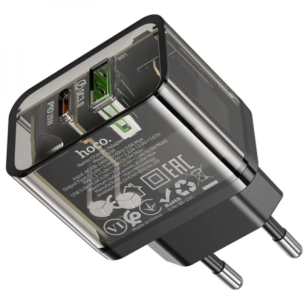 Сетевое зарядное устройство HOCO N34 Dazzling dual-port PD20W+QC3.0 charger Transparent Black
