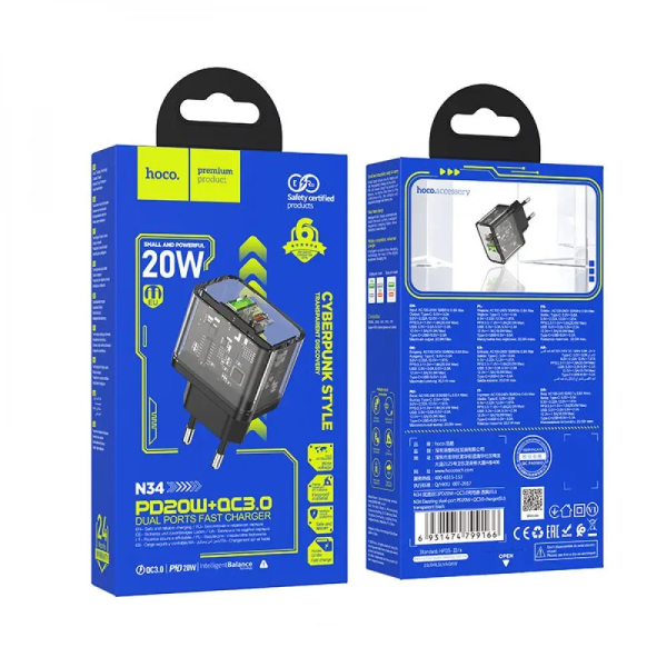 Сетевое зарядное устройство HOCO N34 Dazzling dual-port PD20W+QC3.0 charger Transparent Black