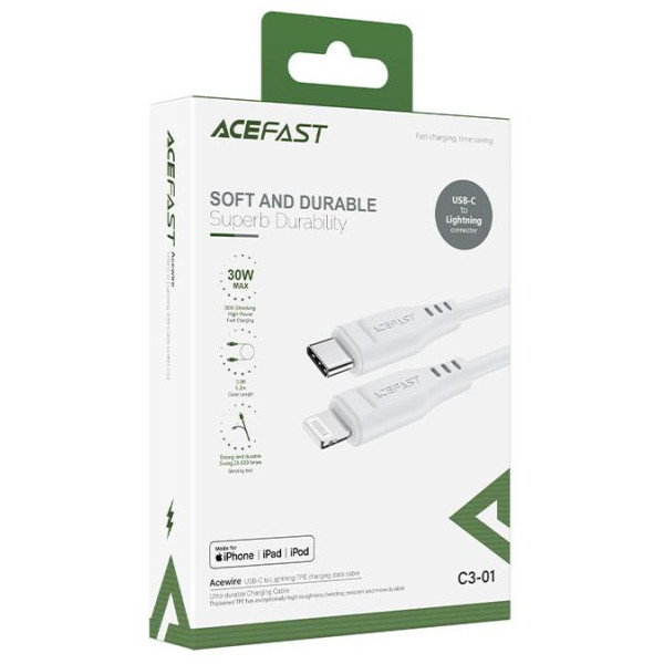 Кабель ACEFAST C3-01 Type-C до iP 3A, 30 Вт, TPE, TPE-роз'єми, білий