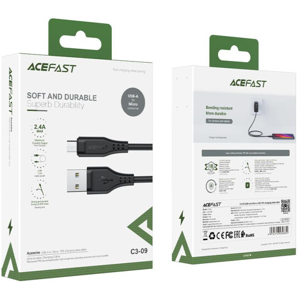 Кабель ACEFAST C3-09 USB до Micro 2,4 А, 1,2 м, TPE, TPE-конектори, Чорний