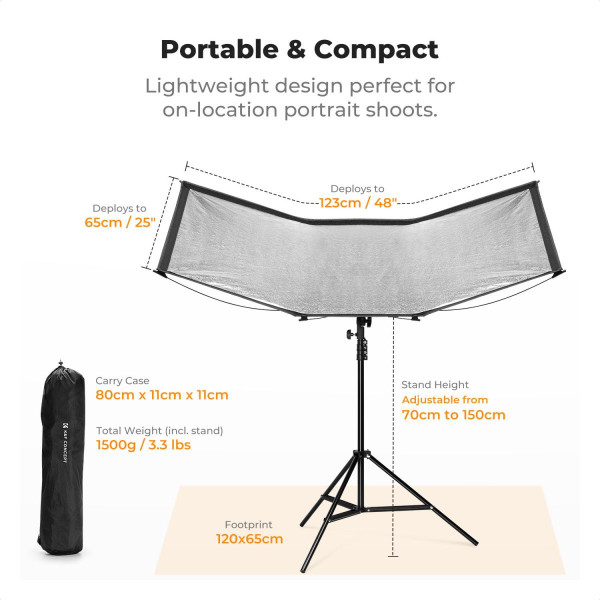 Изогнутый рефлектор K&F Concept U-Shape 120×65 см (4-в-1: Black/Gold/White/Silver) с стойкой 1.5 м и сумкой для хранения (KF18.0017)