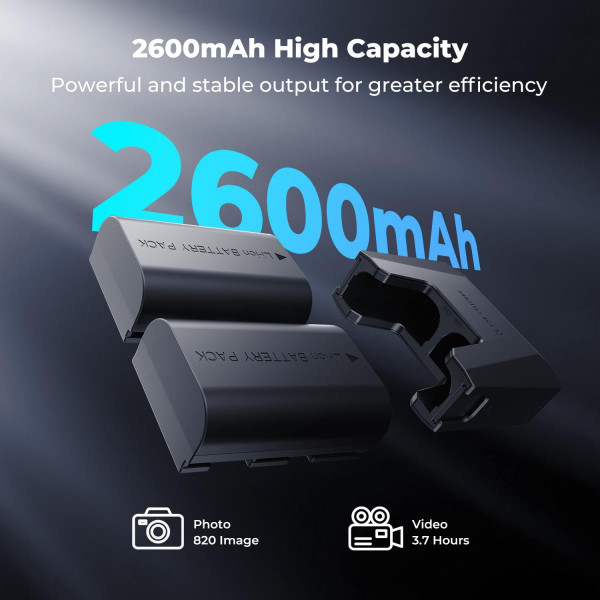 Набор K&F Concept LP-E6NH (2 аккумулятора 2600mAh + зарядное устройство 18W) — совместимо с Canon EOS R7, R5, R6, R, 5D Mark II–IV, 6D/6D Mark II, 7D/7D Mark II, 60D–90D (KF28.0088)
