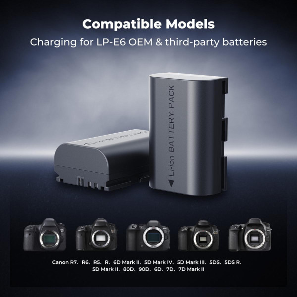 Набор K&F Concept LP-E6NH (2 аккумулятора 2600mAh + зарядное устройство 18W) — совместимо с Canon EOS R7, R5, R6, R, 5D Mark II–IV, 6D/6D Mark II, 7D/7D Mark II, 60D–90D (KF28.0088)