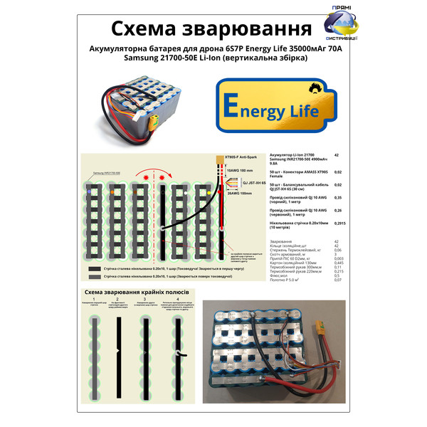 Акумуляторна батарея 6S7P Energy Life 35000 мАч Samsung SDI 21700-50S Li-Ion 10AWG XT90S-F (001)