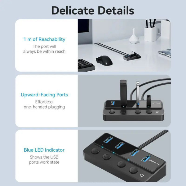 USB-хаб Vention USB 3.0 to USB 3.0 x4+USB C Hub With Individual Power Switches 1M Black (CHWBF)
