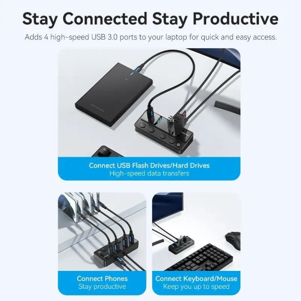 USB-хаб Vention USB 3.0 to USB 3.0 x4+USB C Hub With Individual Power Switches 1M Black (CHWBF)