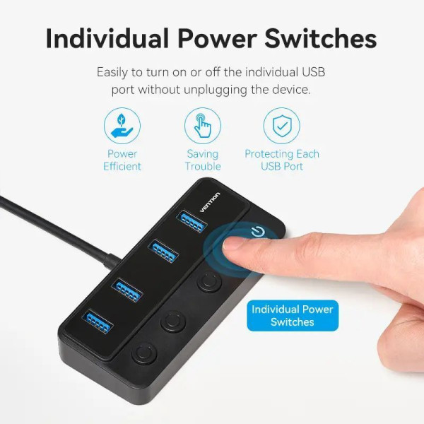 USB-хаб Vention USB 3.0 to USB 3.0 x4+USB C Hub With Individual Power Switches 1M Black (CHWBF)