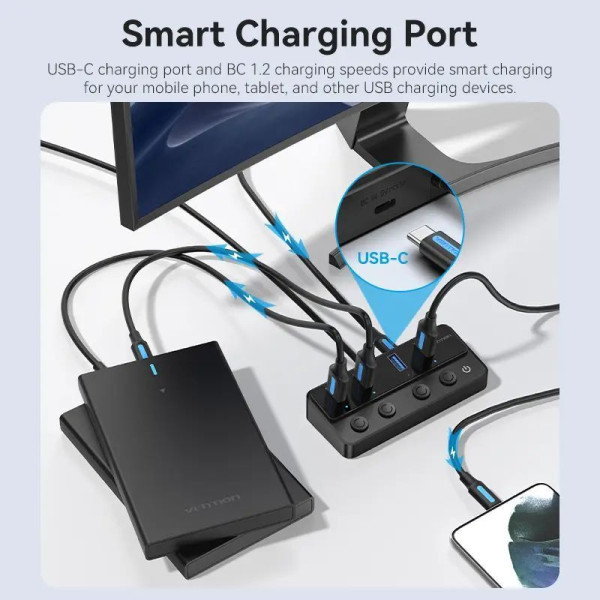 USB-хаб Vention USB 3.0 to USB 3.0 x4+USB C Hub With Individual Power Switches 1M Black (CHWBF)