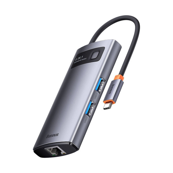USB-хаб Baseus Metal Gleam Series 4-в-1 багатофункціональний USB-C хаб станція док-станції сірого кольору （USB-C до USB 3.0*3+RJ45*1）