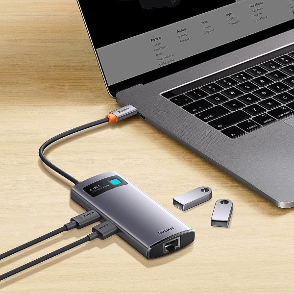 USB-хаб Baseus Metal Gleam Series 4-в-1 багатофункціональний USB-C хаб станція док-станції сірого кольору （USB-C до USB 3.0*3+RJ45*1）