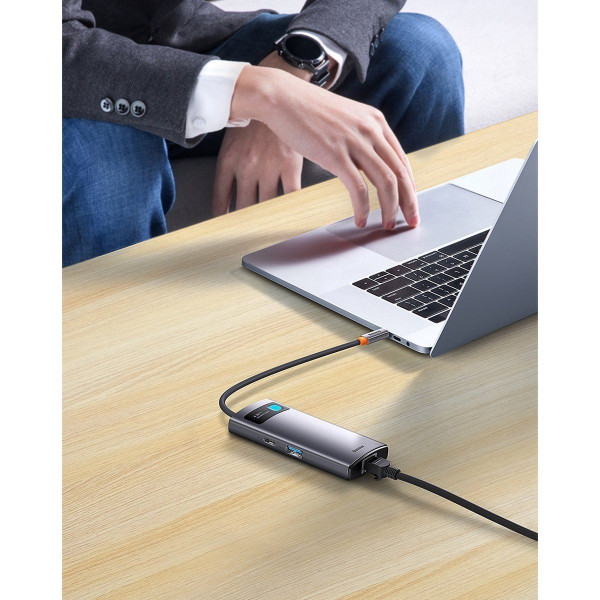 USB-хаб Baseus Metal Gleam Series 4-в-1 багатофункціональний USB-C хаб станція док-станції сірого кольору （USB-C до USB 3.0*3+RJ45*1）