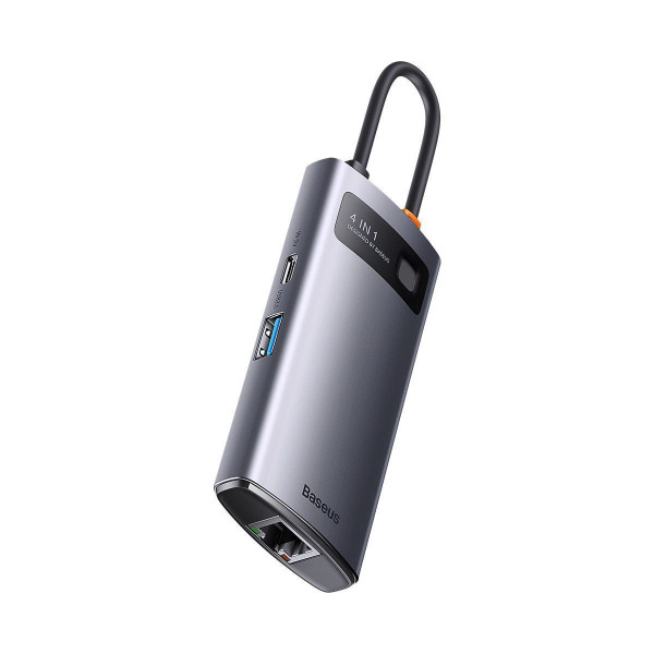 USB-хаб Baseus Metal Gleam Series 4-в-1 багатофункціональний USB-C хаб станція док-станції сірого кольору （USB-C до USB 3.0*3+RJ45*1）