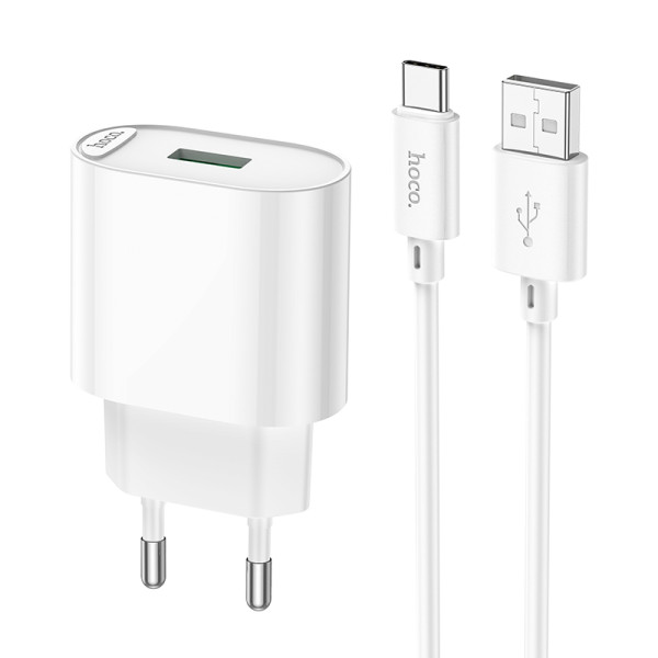 Сетевое зарядное устройство с кабелем HOCO C109A Fighter single port QC3.0 charger set(Type-C) White