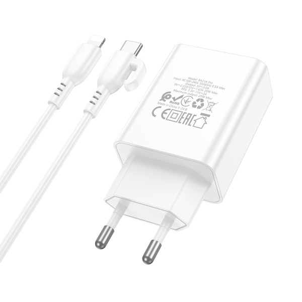 Сетевое зарядное устройство с кабелем BOROFONE BA21A Pro Long journey single port PD20W charger set (C to iP) White