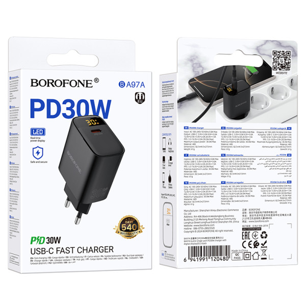 Сетевое зарядное устройство BOROFONE BA97A Ilustre single-port PD30W charger with digital display (EU) Black