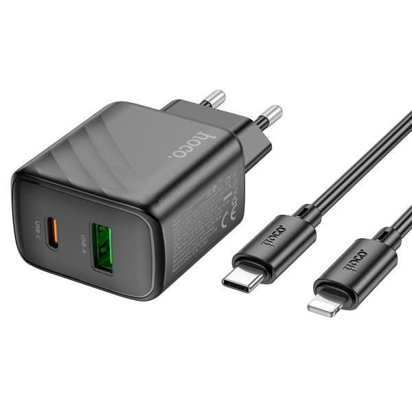 Сетевое зарядное устройство с кабелем HOCO CS23A Sunlight dual-port PD30W+QC3.0 charger set (C to iP)(EU) Black