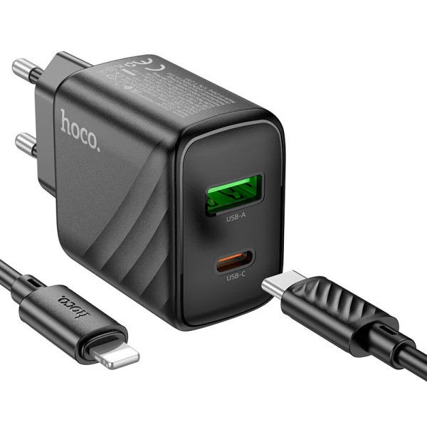 Сетевое зарядное устройство с кабелем HOCO CS23A Sunlight dual-port PD30W+QC3.0 charger set (C to iP)(EU) Black
