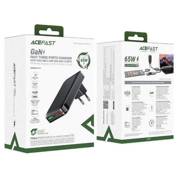 Сетевое зарядное устройство ACEFAST A100 PD65W GaN 2C+A ultra-thin Charger Black