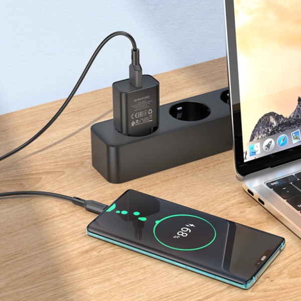 Сетевое зарядное устройство с кабелем BOROFONE BA72A Spring single port QC3.0 charger set (Type-C) 18W Black