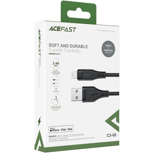 Кабель ACEFAST C3-01 USB до iP 2.4 A, 1.2 м, TPE, TPE конектори, чорний
