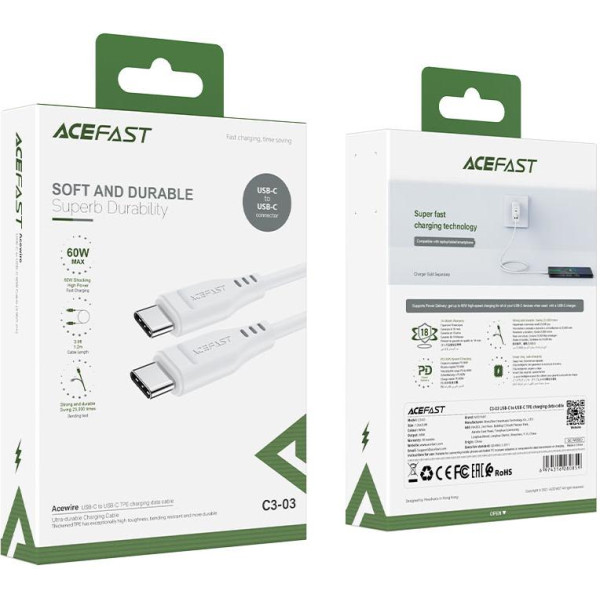 Кабель ACEFAST C3-03 Type-C до Type-C 3A, 60 Вт, 1,2 м, ТПЕ, ТПЕ-роз'єми, білий