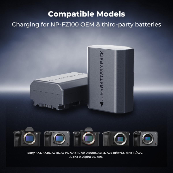Набор K&F Concept NP-FZ100 (аккумулятор 2600mAh + модульное быстрое зарядное устройство 18W) — совместимо с Sony A7 III, A7R V/IV/III, A7C, A6700, ILCE-1M2, ZV-E1, FX3, FX30 (KF28.0089)