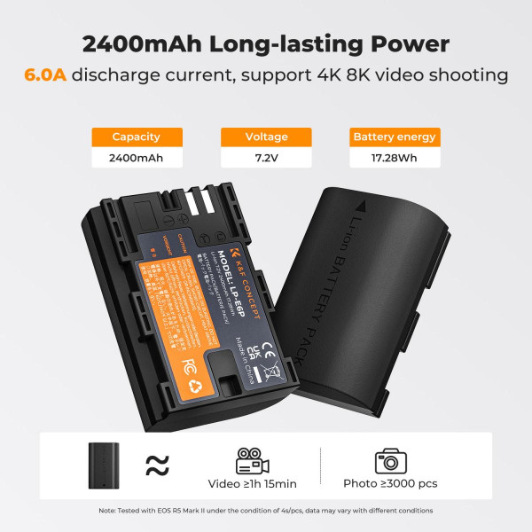 Набор K&F Concept LP-E6P (2 аккумулятора 2400mAh + двухканальное USB-зарядное устройство) — совместимо с Canon EOS R5 Mark II, R5, R6 Mark II, R6, R7 (KF28.0093)