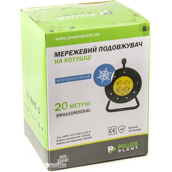 Мережевий подовжувач PowerPlant на котушці 40 м, 4 розетки, морозостійкий (JY-2002/40) (PPRA10M40S4L)
