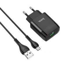 Сетевое зарядное устройство с кабелем HOCO C72Q Glorious single port QC3.0 charger set (Micro) 18W Black