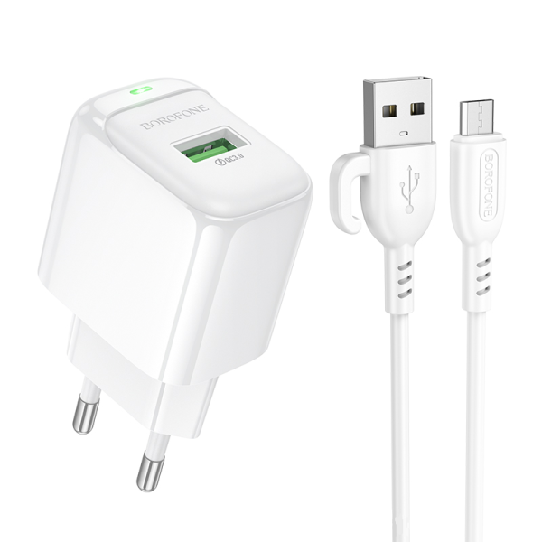 Сетевое зарядное устройство с кабелем BOROFONE BAS42A Potential single-port QC3.0 charger set(Micro)(EU) White
