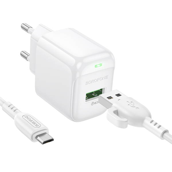 Сетевое зарядное устройство с кабелем BOROFONE BAS42A Potential single-port QC3.0 charger set(Micro)(EU) White