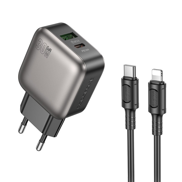 Сетевое зарядное устройство с кабелем BOROFONE BAS55A Absolute PD30W+QC3.0 charger set (C to iP) (EU) Black