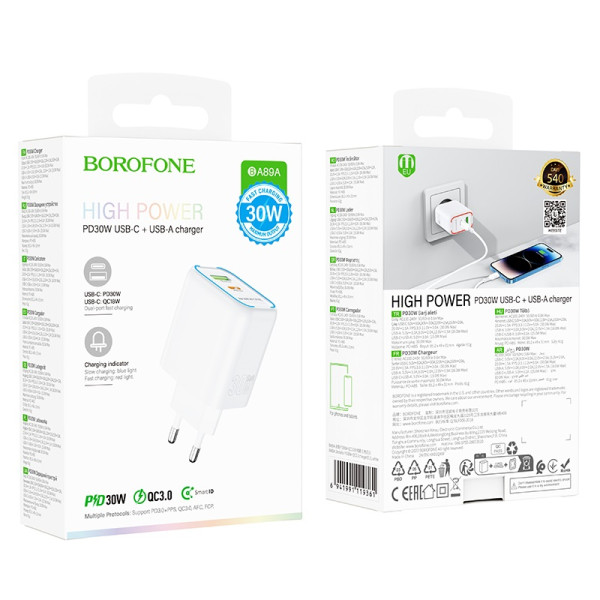 Сетевое зарядное устройство BOROFONE BA89A Destello PD30W+QC3.0 charger (EU) White