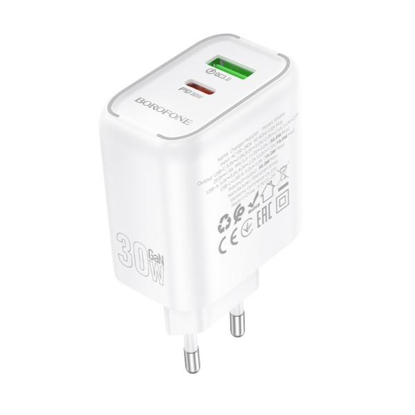 Сетевое зарядное устройство BOROFONE BA89A Destello PD30W+QC3.0 charger (EU) White