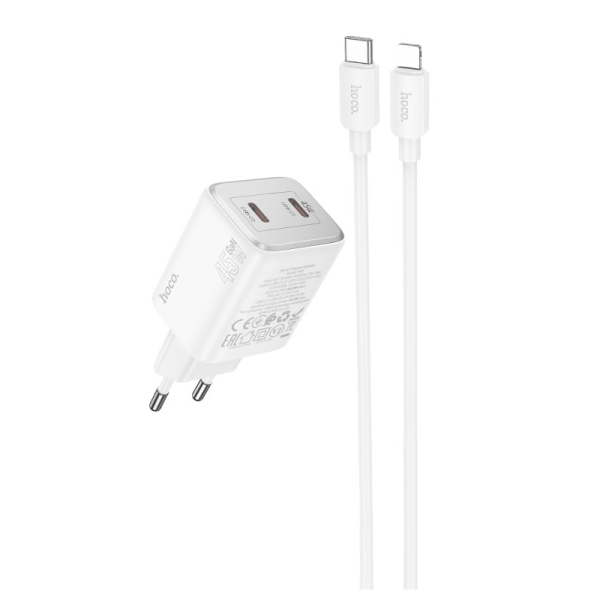 Сетевое зарядное устройство с кабелем HOCO N42 Elogiado dual-port PD45W(2C) charger set(C to iP) White