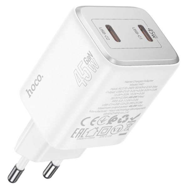 Сетевое зарядное устройство с кабелем HOCO N42 Elogiado dual-port PD45W(2C) charger set(C to iP) White