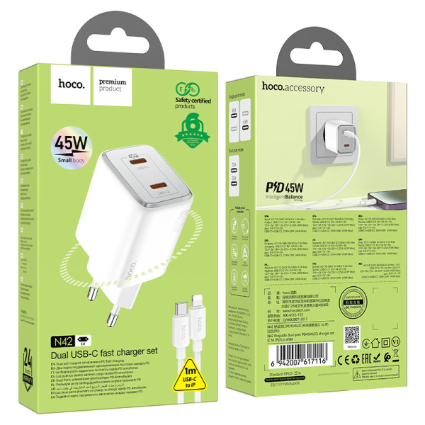 Сетевое зарядное устройство с кабелем HOCO N42 Elogiado dual-port PD45W(2C) charger set(C to iP) White