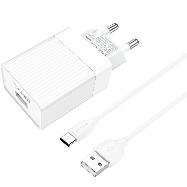 Сетевое зарядное устройство с кабелем BOROFONE BA47A Mighty speed single port QC3.0 3A + Type-C cable 18W White