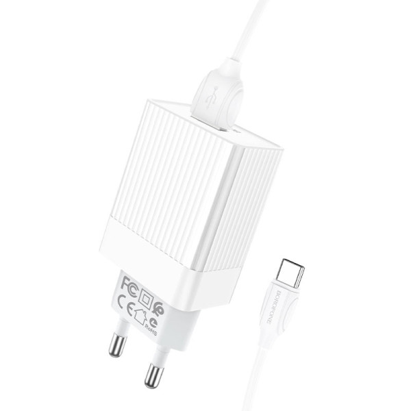 Сетевое зарядное устройство с кабелем BOROFONE BA47A Mighty speed single port QC3.0 3A + Type-C cable 18W White
