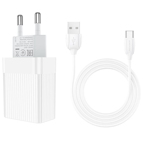 Сетевое зарядное устройство с кабелем BOROFONE BA47A Mighty speed single port QC3.0 3A + Type-C cable 18W White