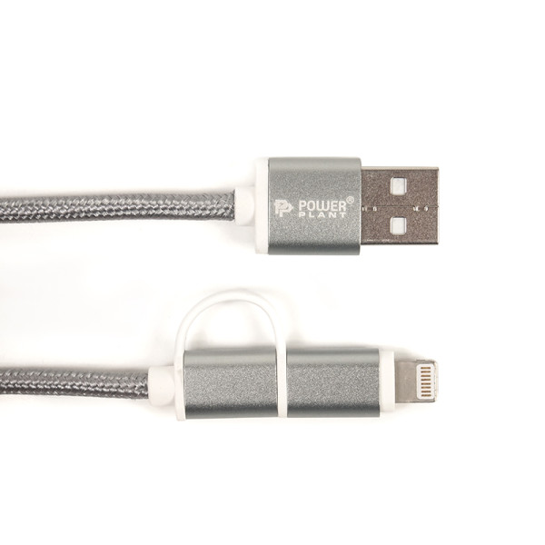Кабель PowerPlant Quick Charge 2A 2-в-1 з бавовняного плетіння USB 2.0 AM – Lightning/Micro USB, 2 м, сірий