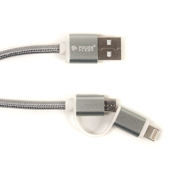 Кабель PowerPlant Quick Charge 2A 2-в-1 з бавовняного плетіння USB 2.0 AM – Lightning/Micro USB, 2 м, сірий