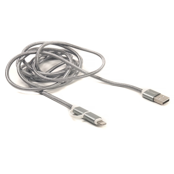 Кабель PowerPlant Quick Charge 2A 2-в-1 з бавовняного плетіння USB 2.0 AM – Lightning/Micro USB, 2 м, сірий