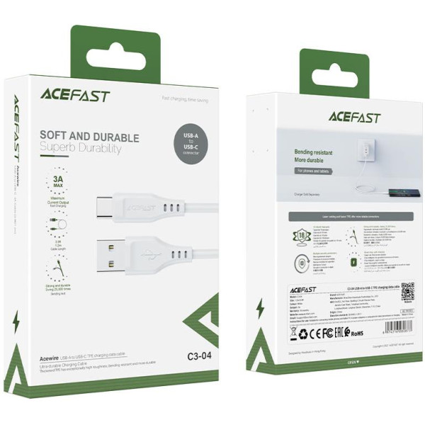 Кабель ACEFAST C3-04 USB до Type-C 3A, 1,2 м, TPE, TPE-конектори, білий